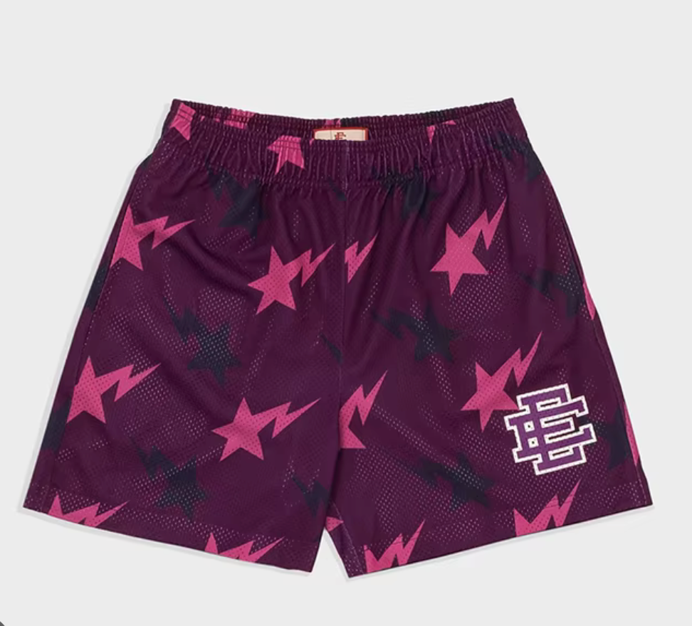 Eric Emanuel EE Basic Short - Wine Red Pink Stars NYC Skyline Mesh Shorts